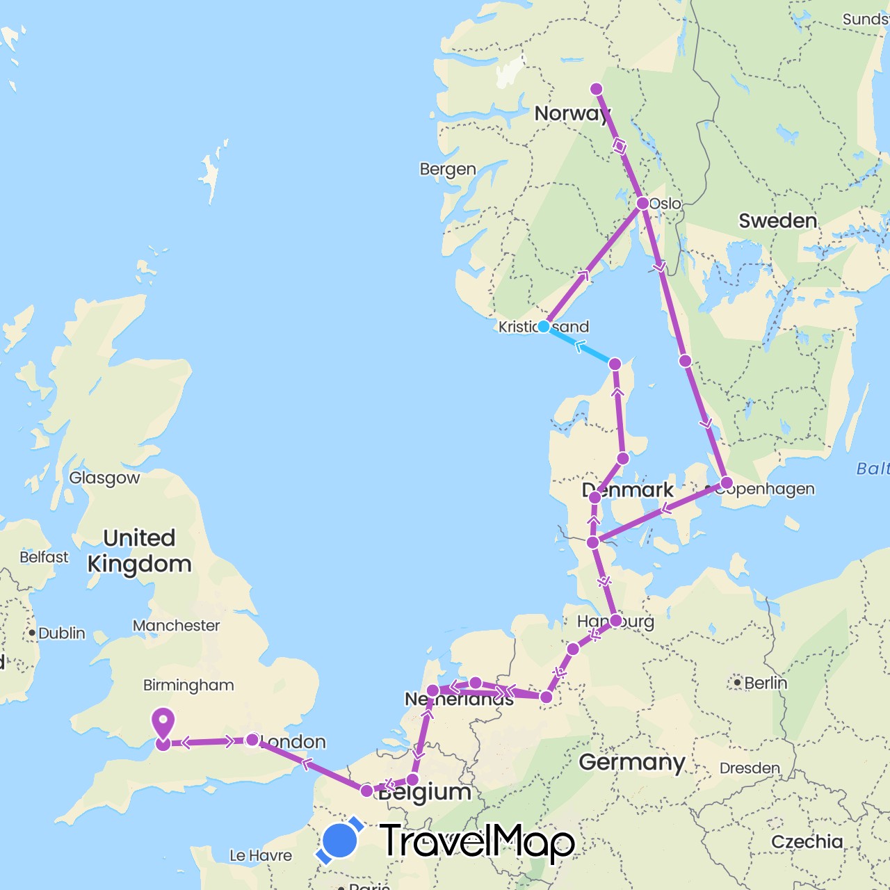TravelMap itinerary: driving, train, boat in Belgium, Germany, Denmark, France, United Kingdom, Netherlands, Norway, Sweden (Europe)
