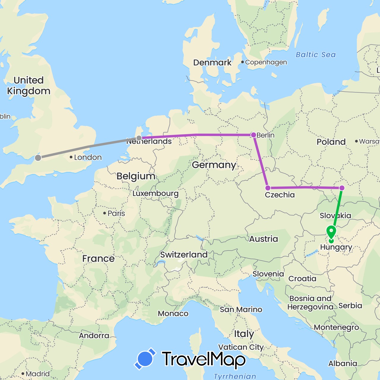TravelMap itinerary: bus, plane, train in Czech Republic, Germany, United Kingdom, Hungary, Netherlands, Poland (Europe)