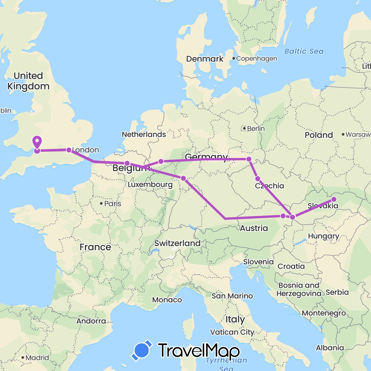 TravelMap itinerary: driving, train in Austria, Belgium, Czech Republic, Germany, United Kingdom, Slovakia (Europe)