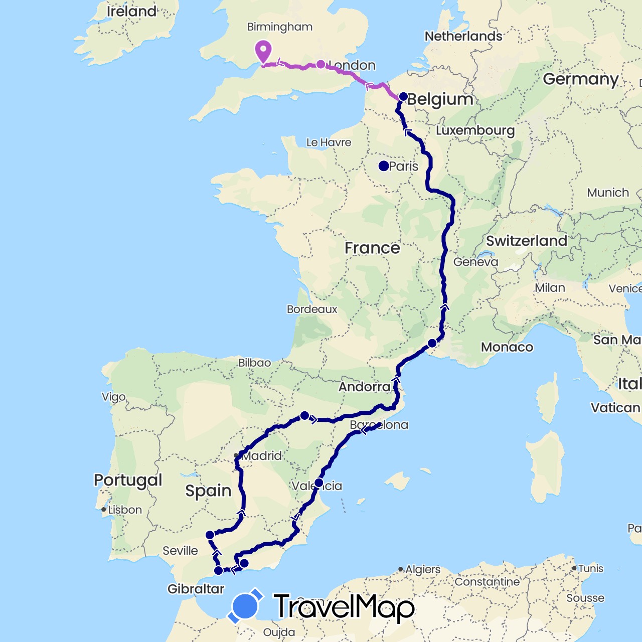 TravelMap itinerary: driving, train in Spain, France, United Kingdom (Europe)